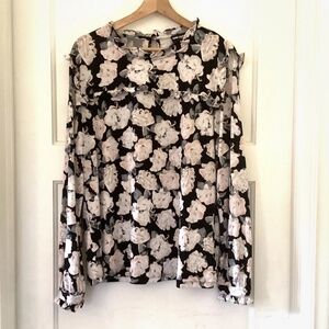 Karl Lagerfeld Women’s Sz Large Floral Blend Long Sleeve Ruffle Blouse Key Hole